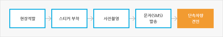 현장적발 > 스티커 부착 > 사진촬영 > 문자(SMS) 발송 > 단속차량 견인