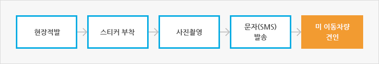 현장적발 > 스티커 부착 > 사진촬영 > 문자(SMS) 발송 > 미 이동차량 견인